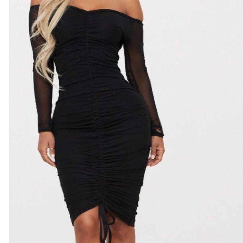 Shape Black Mesh Ruched Bardot Midi Dress🖤